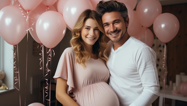 bella coppia incinta che guarda l'obbiettivo e sorride alla macchina fotografica nella stanza decorata