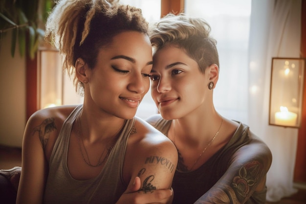 Bella coppia lesbica che si diverte a praticare la meditazione consapevole e il benessere a casa