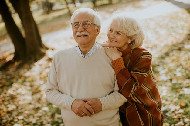 Bella coppia senior che si abbraccia nel parco autunnale