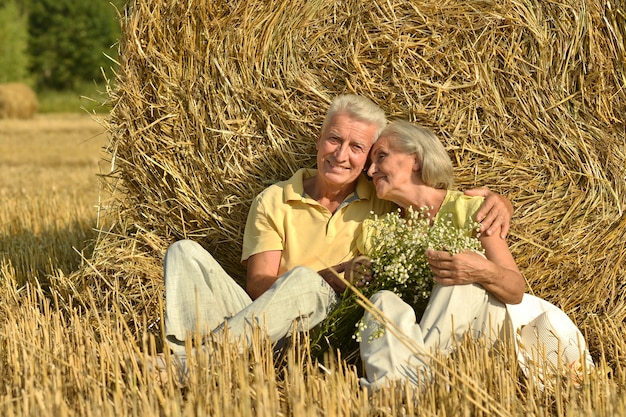 Bella coppia senior felice nel campo estivo