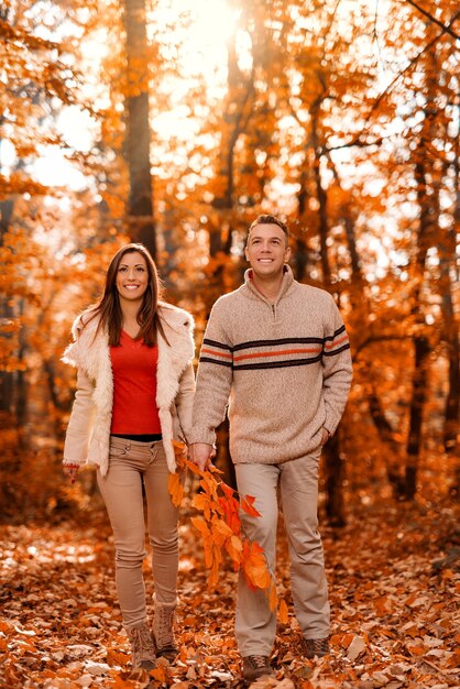 Bella coppia sorridente che cammina nella foresta soleggiata nei colori autunnali.