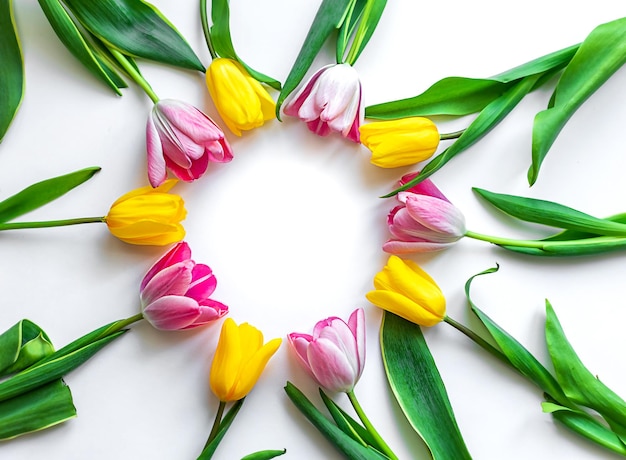 Bella cornice rotonda composta da tulipani multicolori su uno sfondo bianco isolato con spazio per la copia del testo Layout flatlay primaverile vista dall'alto