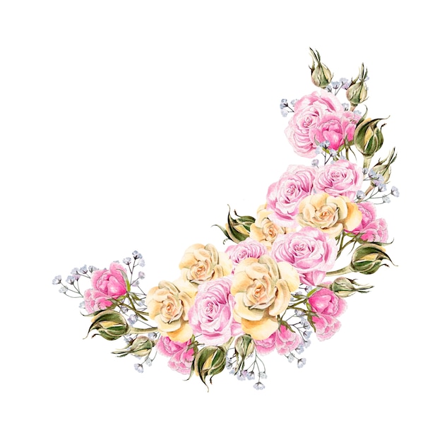 Bella corona dell'acquerello con fiori e boccioli di rose. Carta di matrimonio.