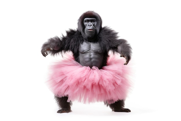 Bella Cute Funny Gorilla Dancing Ballet in Pink Tutu su sfondo bianco IA generativa