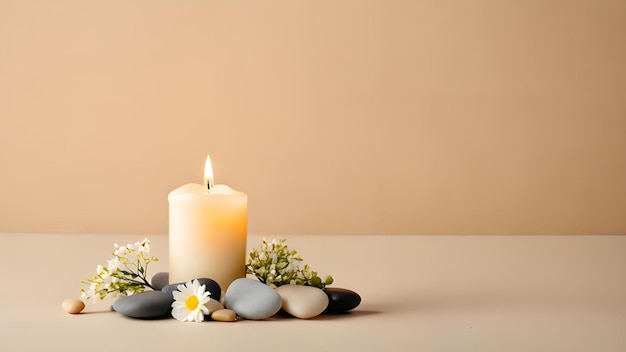 bella disposizione di candele e fiori e ciottoli isolati su uno sfondo chiaro con spazio di copia