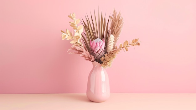 Bella disposizione di fiori secchi in un elegante vaso rosa nel bouquet di fiori rosa Generative Ai