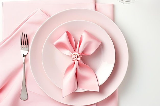 Bella disposizione di piatti, posate e tovagliolo rosa su sfondo bianco per una tavola festiva