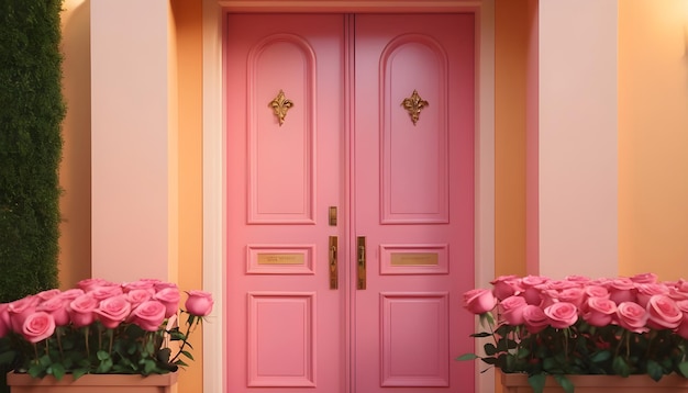 Bella disposizione di rose con porta rosa bella carta da parati rosa