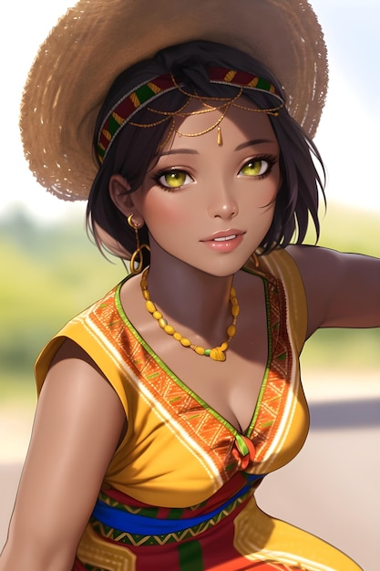 Bella donna africana 3D in un vestito e un cappello dashiki nell'illustrazione della pittura digitale di stile di anime