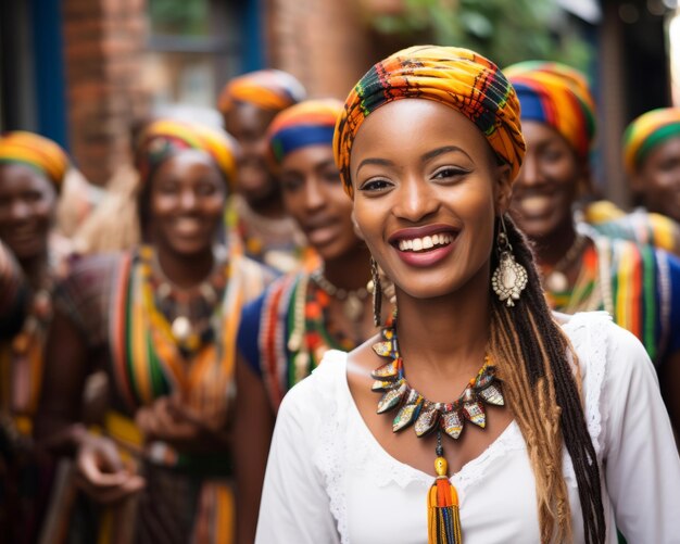 bella donna africana con copricapi colorati in strada