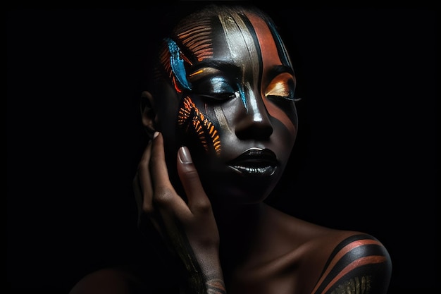 Bella donna africana con la pelle nera body art generativa ai