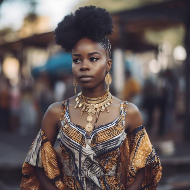 Bella donna africana in un parco locale che indossa un abito tradizionale