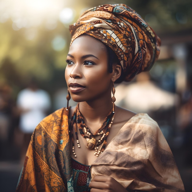 Bella donna africana in un parco locale che indossa un abito tradizionale