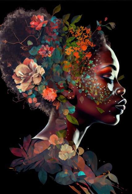 Bella donna africana ricoperta di fiori primaverili in fiore