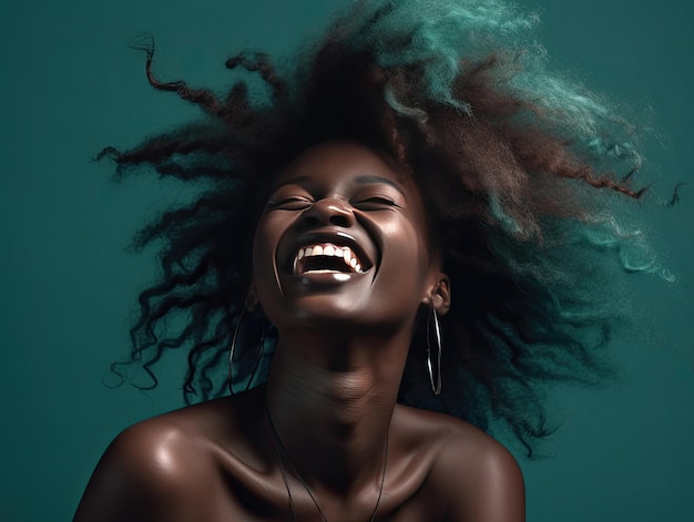 Bella donna afro sorridente su sfondo studio ai generato