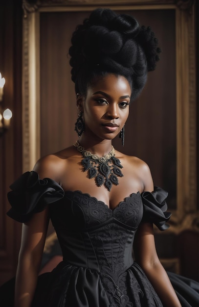 Bella donna afroamericana che indossa un vestito nero e gioielli ai generative ai generative