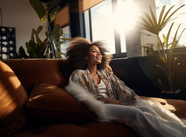 Bella donna afroamericana che si riposa sul divano nella nuova casa concetto di stile di vita sano buono