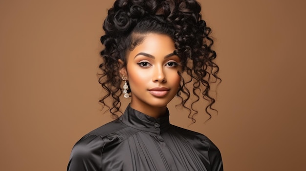 Bella donna afroamericana con acconciatura afro e trucco sullo sfondo pastello