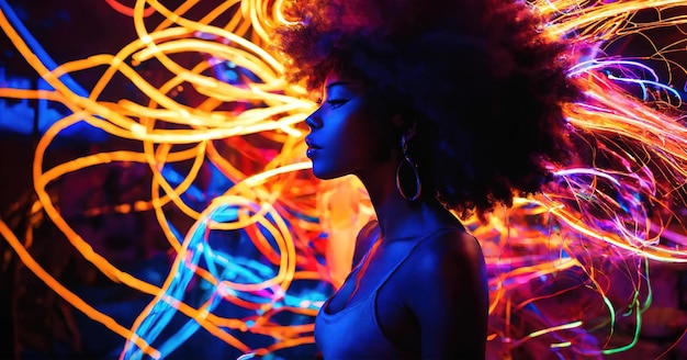 Bella donna afroamericana con i capelli afro e delineati in luce ai generativo