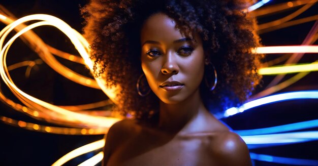 Bella donna afroamericana con i capelli afro e delineati in luce ai generativo
