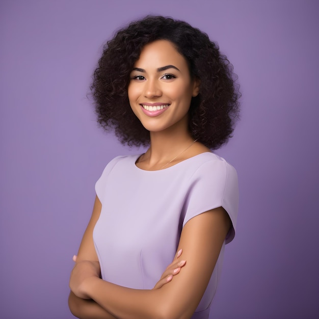 Bella donna afroamericana con i capelli ricci su uno sfondo viola