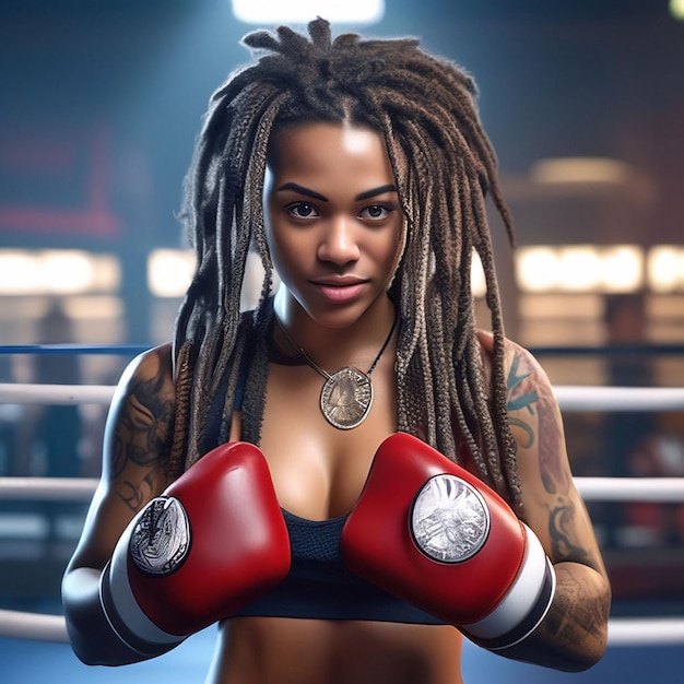 Bella donna afroamericana con i dreadlocks, i capelli e i guanti da boxe.