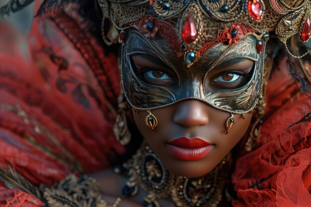 Bella donna afroamericana con una maschera misteriosa carnevale veneziano festa di mascherate di Mardi Gras