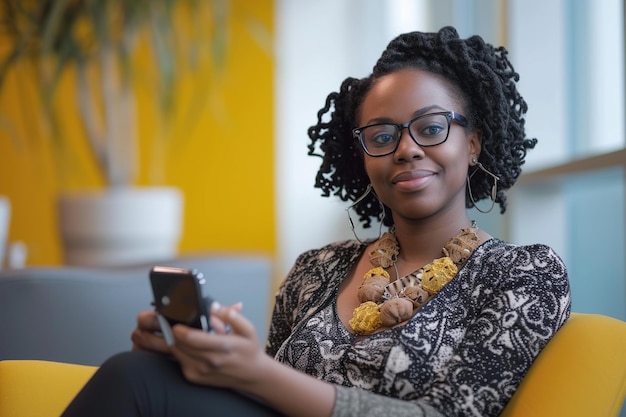Bella donna afroamericana con uno smartphone e seduta in un ufficio