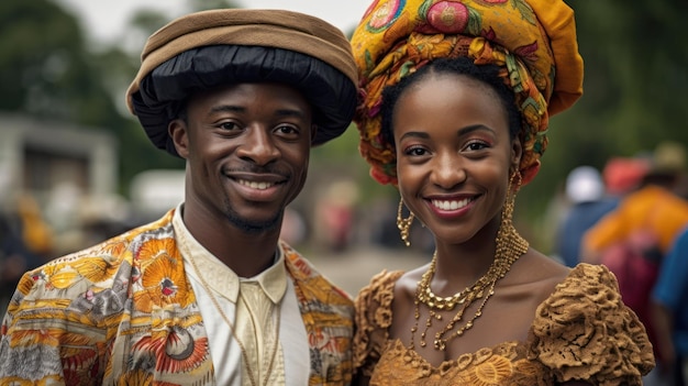 Bella donna afroamericana in abito tradizionale e bell'uomo di colore che sorride e guarda