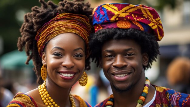 Bella donna afroamericana in abito tradizionale e bell'uomo di colore che sorride e guarda
