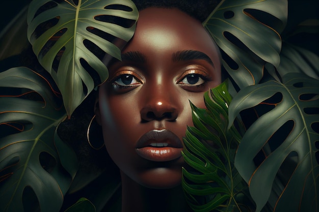 Bella donna afroamericana in foglie di palma ritratto Illustrazione di intelligenza artificiale generativa