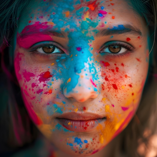 Bella donna alla festa di Holi con polvere o vernice colorata sul viso