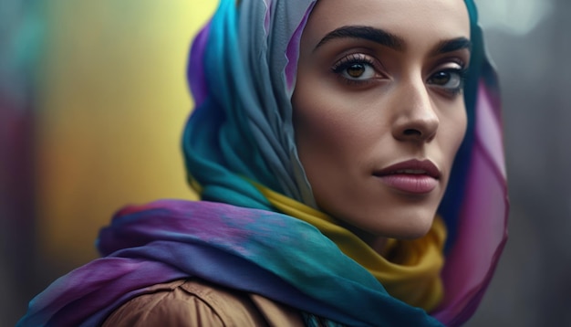 Bella donna alla moda che indossa hijab colorato