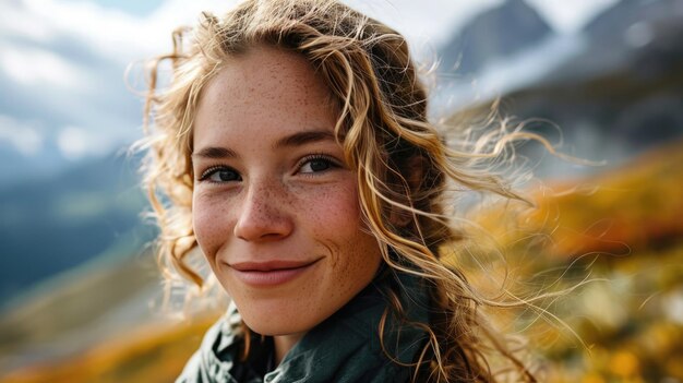 Bella donna americana escursionista selfie sulla montagna