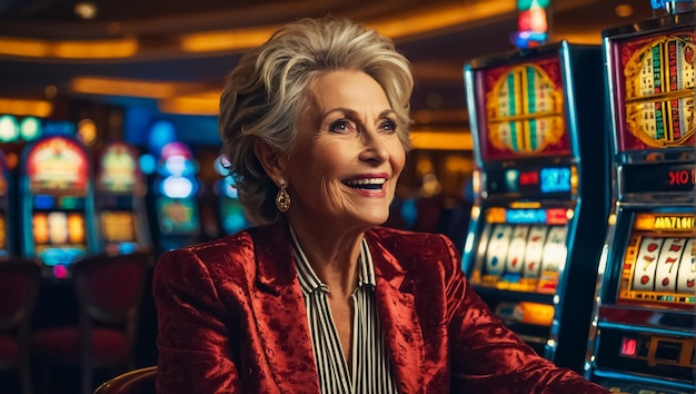 Bella donna anziana che gioca alla slot machine del casinò