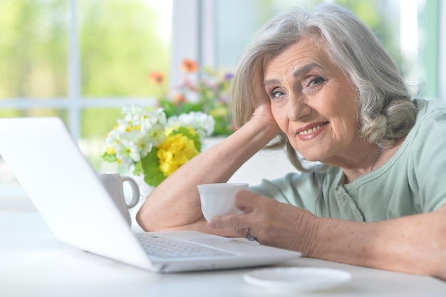 Bella donna anziana con un computer portatile