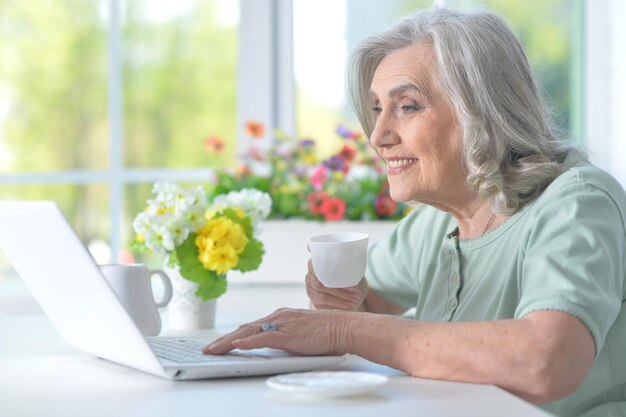 Bella donna anziana con un computer portatile