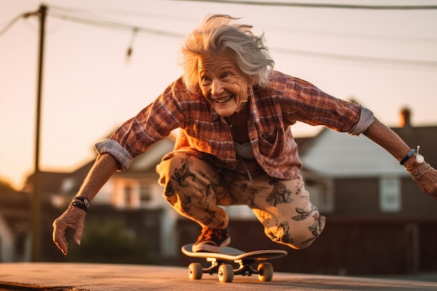 Bella donna anziana dai capelli grigi che fa skateboarding al tramonto all'aperto IA generativa