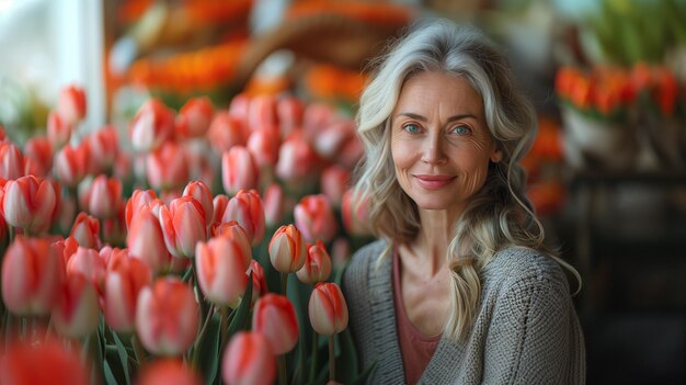 Bella donna anziana sullo sfondo dei tulipani in un negozio di fiori concetto floreale di moda primaverile