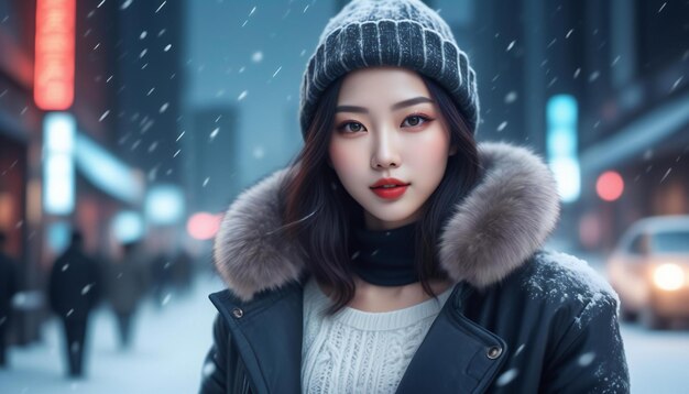 Bella donna asiatica che indossa abiti da inverno che cammina in città