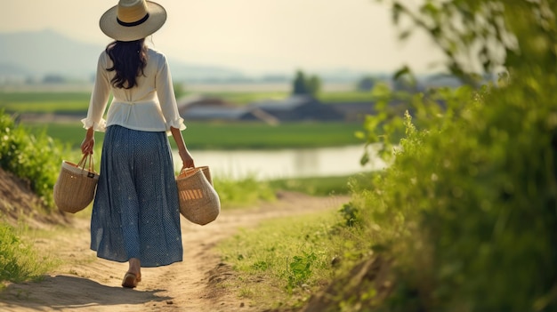 Bella donna asiatica che indossa gonna blu con cappello di paglia che trasporta cestini camminando sulla bella strada