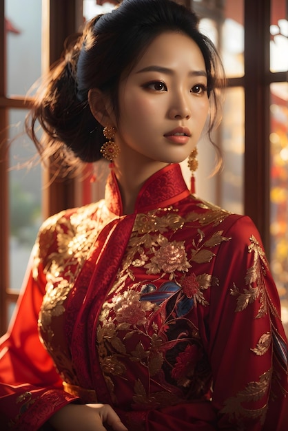 bella donna asiatica che indossa un vestito tradizionale di lusso