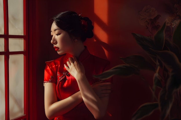 Bella donna asiatica che indossa un vestito tradizionale rosso cheongsam qipao Buon anno cinese