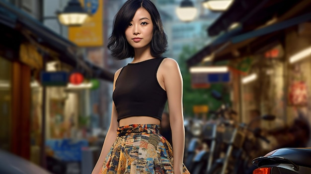 Bella donna asiatica che indossa una gonna e posa in città