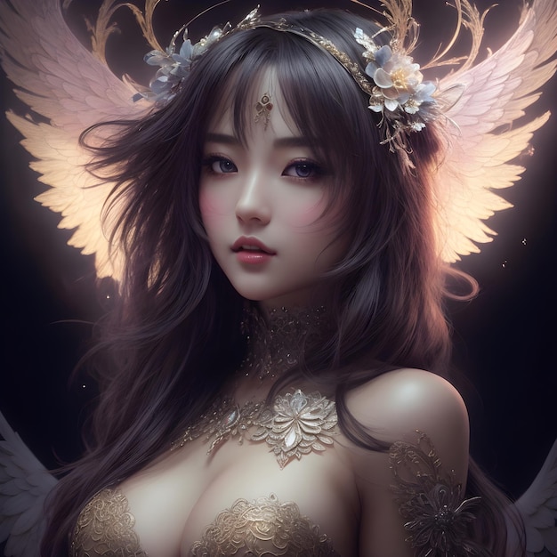 bella donna asiatica con ali d'angelo e fiore nei capelli generativo ai