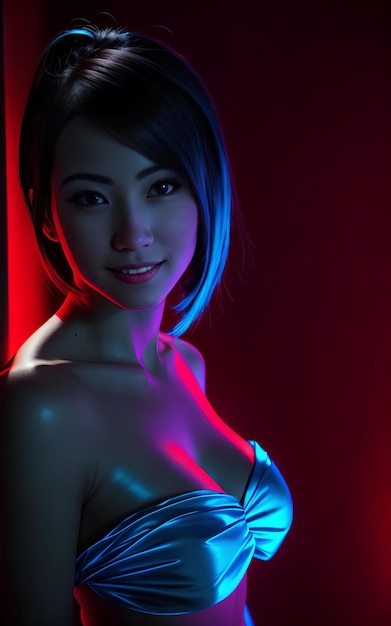 Bella donna asiatica con luce blu e rossa di colore misto IA generativa