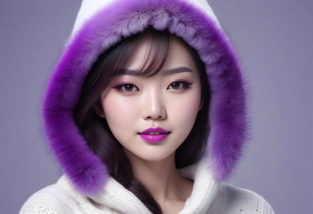 Bella donna asiatica con un cappello d'inverno con un trucco viola in studio