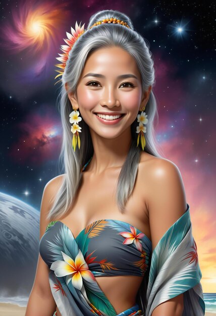 Bella donna asiatica con un fiore nei capelli sullo sfondo dell'universo