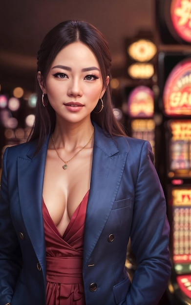 Bella donna asiatica del giocatore d'azzardo in vestito al casinò di lusso AI generativo