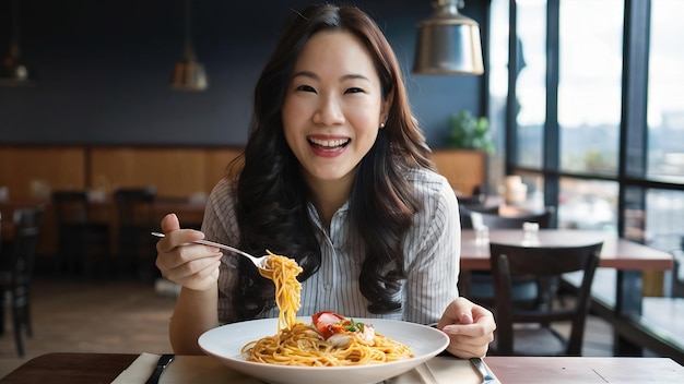 Bella donna asiatica felice che mangia un piatto di spaghetti di frutti di mare italiani in un ristorante o in un caffè mentre